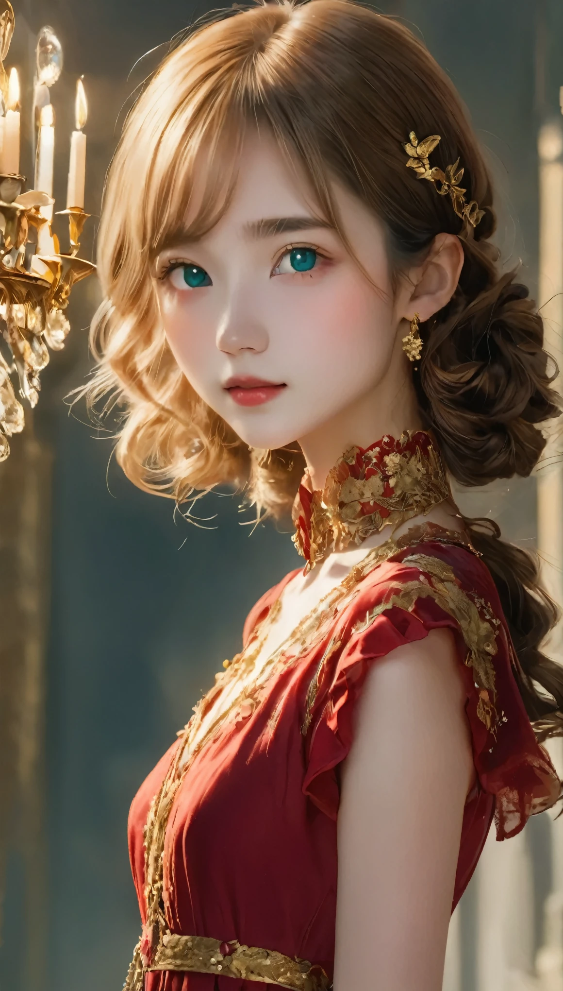 8k, Ultra-high resolution, highest quality, masterpiece, Surreal, photograph, 1 girl, (:1.3), pretty girl, Cute Face, Beautiful eyes in every detail, 細かくdetailedに,masterpiece,A woman in a red dress and gold jewelry is looking to the side,Sexy pose、See through 、Looking at the audience、beauty,Long neck、Laugh a little、Please close your mouth and laugh、(((Ideal body type))),A cup small breasts :2,、Portraiture:2、Perfect Anatomy、鮮明なdetailed、detailed、Surreal、Light and shadow,Strong light,Fashion magazine cover,Thin lips