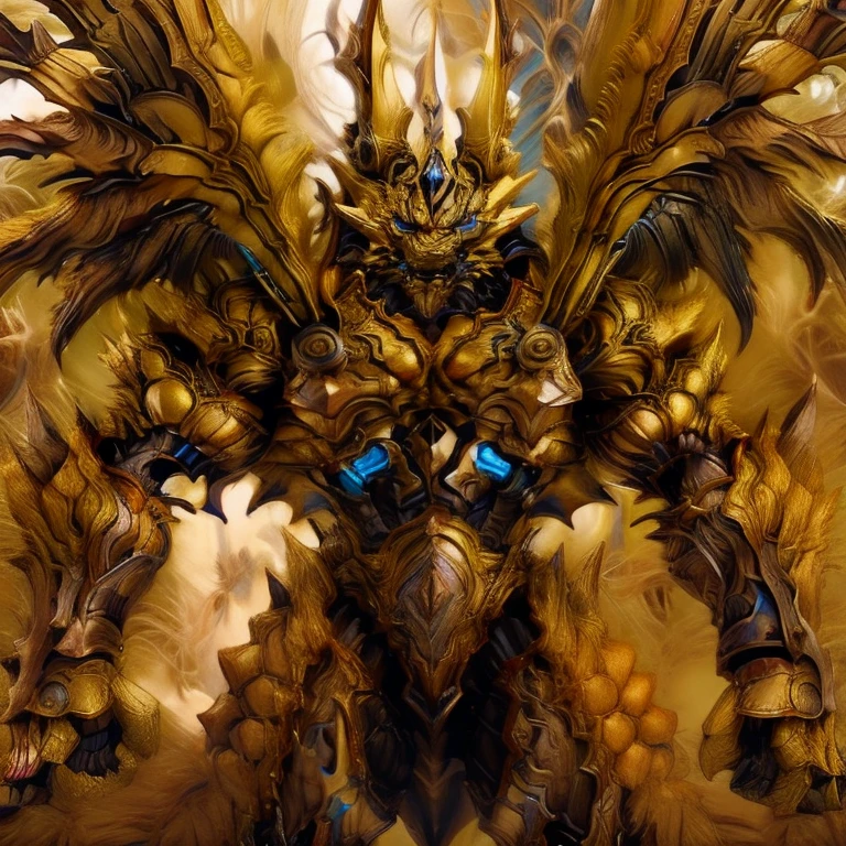 (Pokémon) (Zeraora), (masterpiece, best quality, detailed:1.2), (nj5furry), (medieval armor:1.3) sparkling skin, Vibrant colors, 4K, GOLD armor, Its full plate armor emphasizes the muscles. big muscle (pecs, triceps, traps) unusually developed muscular body, body full of huge muscles. showing off muscles, pectorales enormes. Exaggeratedly huge muscles. Gigachad Muscular, Very muscular, Large pecs, Spread wings, It has wings. have big wings. has 10 large wings. It has large golden wings. The feathers on its wings are detailed and realistic.