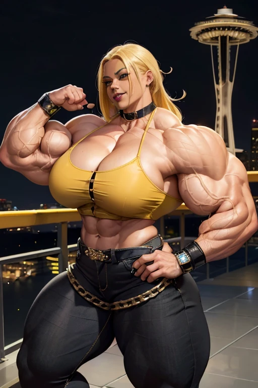 ((((Massive, beautiful, buff, light brown skinned, muscular woman with yellow hair, black lipstick, ginormous bulky muscles and wearing a beautiful black unbuttoned blouse with black denim pants)))), (close view), massive muscles, massive biceps, hyper muscle triceps, (long flowing hair), black denim pants, (chain belt), gray eyes, (chained gauntlets), high heels boots, (on top of the Seattle space needle), night, smug smile, hyper muscles arms, hyper muscle legs, massive arms.