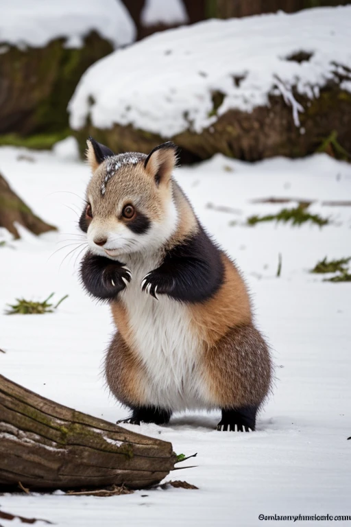 Baby panda in the cold winter a size of a squirrel as fast as a rabbit a fox is chasing it 