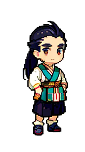 Old man in ancient Chinese costume、Wise Old Man、Looking into the camera、There is a topknot on the head、Long sleeve、Hanfu、Black Hair、Standing and posing with arms crossed、part your bangs in the middle、Pixel art、(masterpiece, highest quality, highest quality), pixel,pixel art,whole body,Characters in Romance of the Three Kingdoms、Transform、beard、Short Deformation