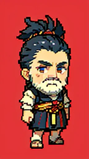 Old man in ancient Chinese costume、Wise Old Man、Looking into the camera、There is a topknot on the head、Long sleeve、Hanfu、Black Hair、Standing and posing with arms crossed、part your bangs in the middle、Pixel art、(masterpiece, highest quality, highest quality), pixel,pixel art,whole body,Characters in Romance of the Three Kingdoms、Transform、beard、Short Deformation