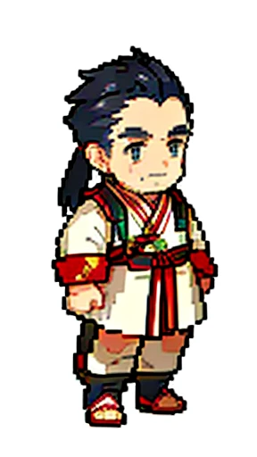 Old man in ancient Chinese costume、Wise Old Man、Looking into the camera、There is a topknot on the head、Long sleeve、Hanfu、Black Hair、Standing and posing with arms crossed、part your bangs in the middle、Pixel art、(masterpiece, highest quality, highest quality), pixel,pixel art,whole body,Characters in Romance of the Three Kingdoms、Transform、beard、Short Deformation