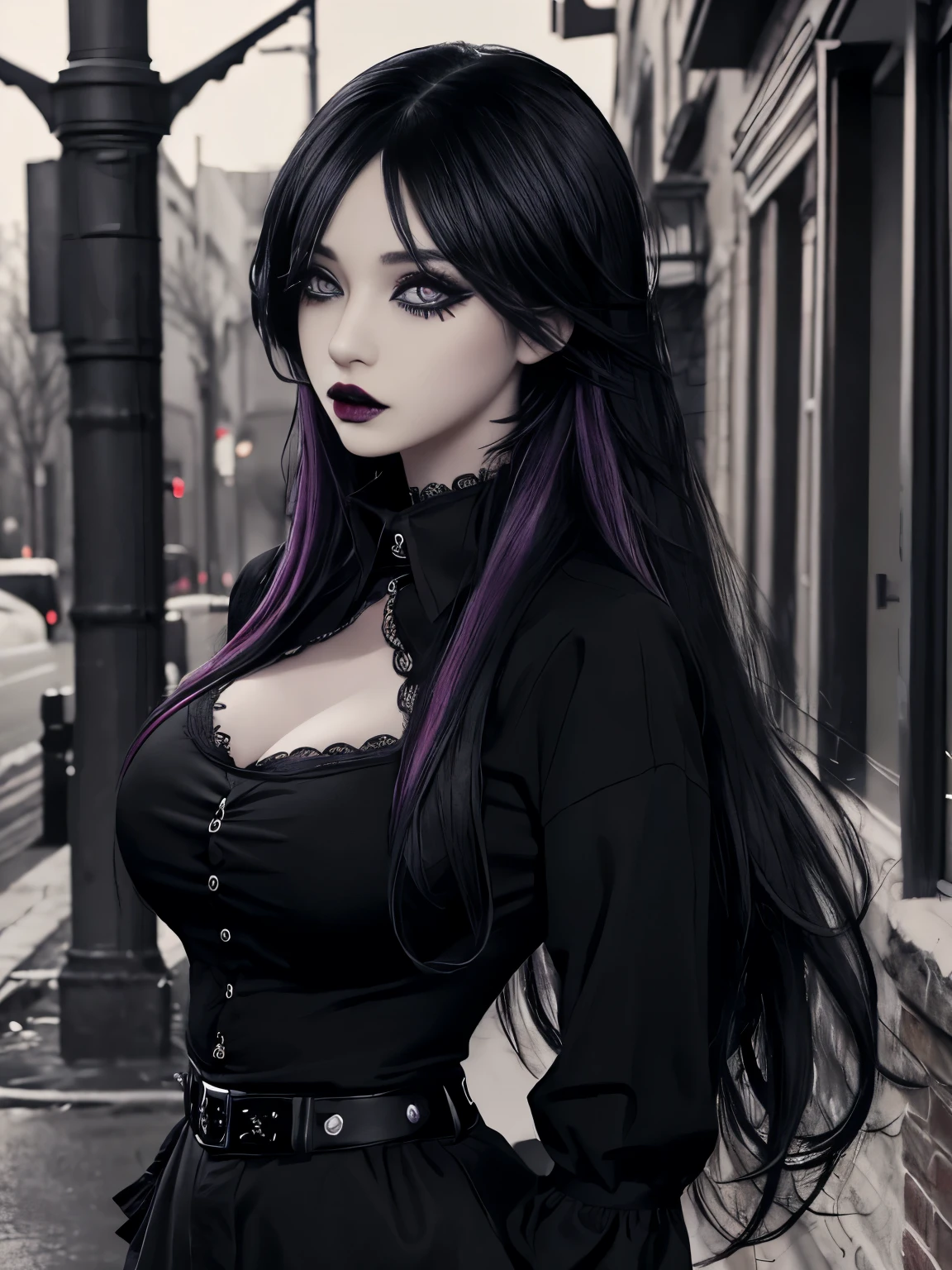 1girl, solo, emo, emo makeup , emo hair, black lips , long hair, eyeshadow, eyeliner, mascara, colored hair , black eyes, dark eyes , shirt, outdoors  , highly detailed portrait , large breasts, full body