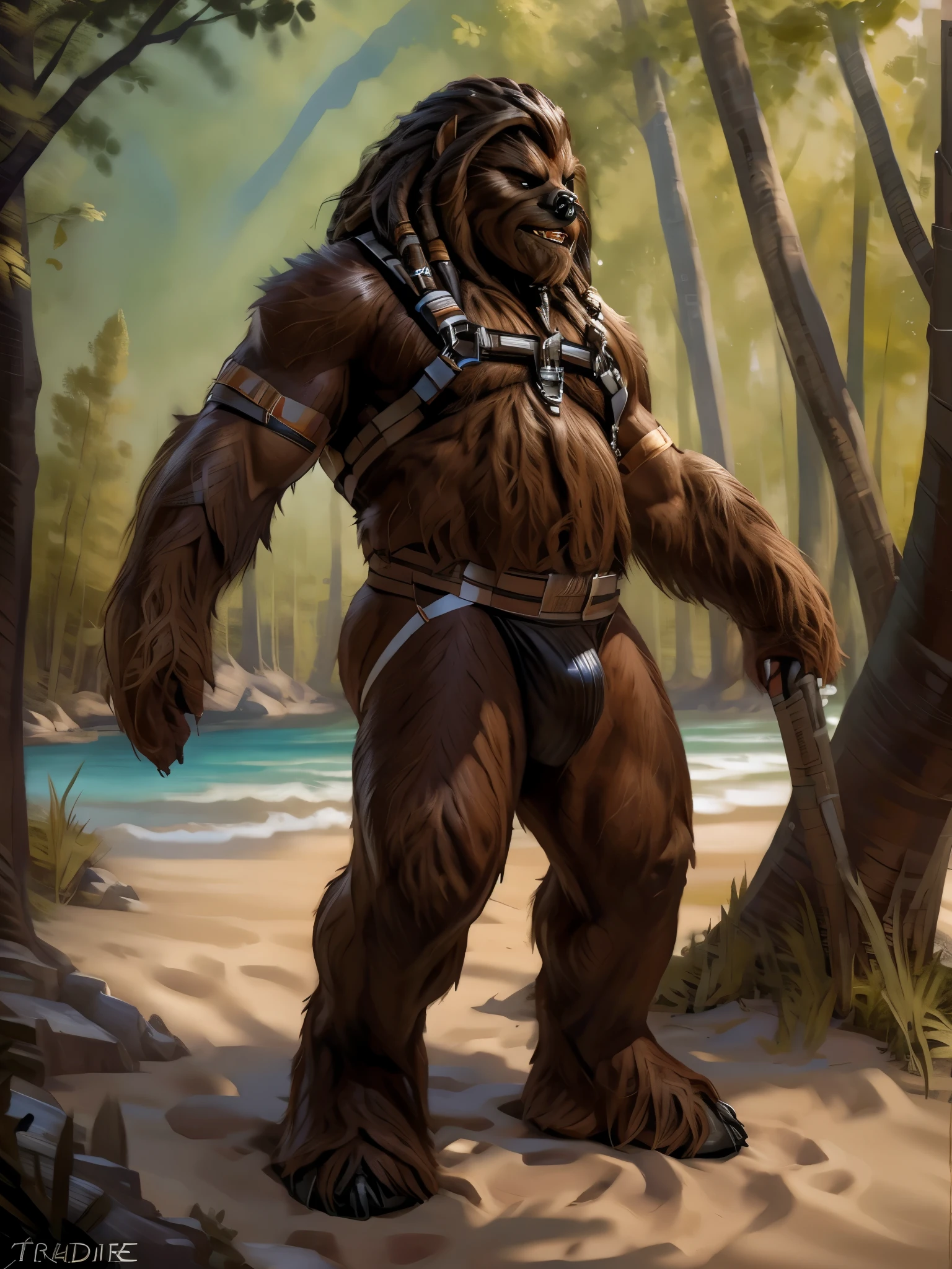 (by Taran Fiddler), (Chunie), Wookie, feral wookie, chewbacca, Star Wars, male, long fur, shaggy fur, dreadlocks, beach, sand, trees, bottomless, tactical harness, wide hips, butt focus, large glutes, curvy, thick thighs, backsack, leather bulge, solo, male, tall, bubble butt, fat ass, panting, head turn, tactical black jockstrap, spreading ass, masculine, handsom, hot, sweaty, pubic fur