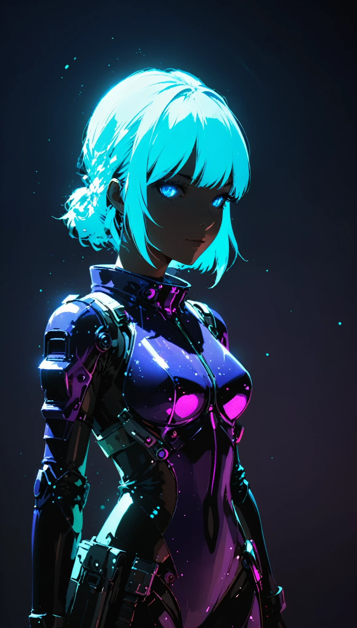 in style of Ashley Wood,
darkviolet,Chemiluminescence,1girl,(minimalism:1),detail ray tracing,