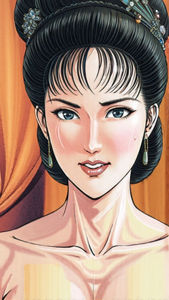 (best quality), (very aesthetic), (ultra-detailed), (best illustration),(a mature female),(NSFW),(perfect face),Suikoden,Mrs. Lin,((full_body)),((full_nude)),red cheek,sweating,skinny,flushed skin,hairly pussy,((Ahegao)),chinese traditional bed room,doing sex,An erect penis is pressed against her mouth