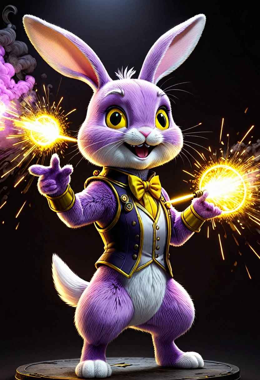 Anthropomorphic toy lilac rabbit manifests with yellow smile, akin to Jax from The Amazing Digital Circus, anime and cartoon elements infused, strikingly thin and elongated figure, exuding a cynical, menacing aura, in a 2D world, precision, hyper-detailed octane render, enhanced by soft, natural, volumetric cinematic lighting, chiaroscuro accentuated, 32k, sparks and smoke dancing in the backdrop, interspersed with illustrations of artillery, High Resolution, High Quality, Masterpiece