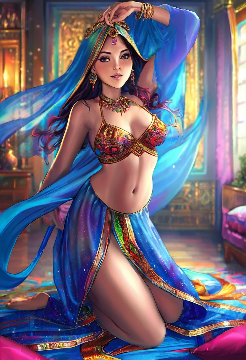a lovely 25 year old genie woman in colorful billowing sheer fabrics, casually performing powerful magics to show illusions of what could be to her master, opulent bedroom, 4k, 8k, high resolution, masterpiece, ultra-detailed, realistic, photorealistic, photo-realistic, HDR, UHD, studio lighting, ultra-fine painting, sharp focus, physically-based rendering, extreme detail description, professional, vivid colors, bokeh, fantasy, magical realism