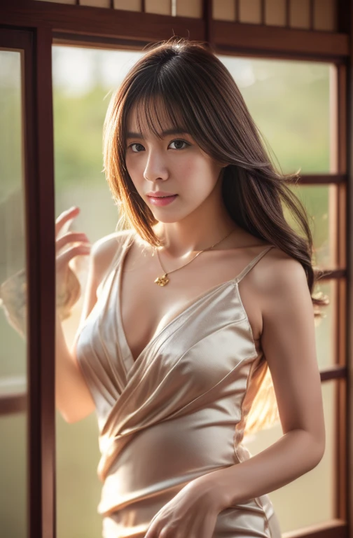(((Beautiful Japanese middle-aged woman)))(Photorealistic:1.5, Tabletop:1.5, 8k, RAW shooting),Straight nose (highest quality, masterpiece, 超A high resolution), Professional camera work, Highly detailed skin and facial textures:1.3, Grow light effect, Ultra-detailed, Mysterious portrait, Perfect dynamic composition, , (Indoors、evening:1.3, ), (Thin satin V-neck dress), (Taking photos with blur:1.4, Fogging up the lens:1.4), Model Body Type, Beautiful and clear face, (Beautiful eyes:0.9, A dreamy look:1.0, I love you dearly:0.8, Open your mouth a little, A taste that exudes beautiful erotic), (Dark brown medium hair, Hair fluttering in the wind), The chest is medium, necklace), (Tilt, get up), ((Attractions))、whole body