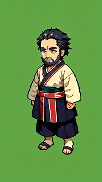 Old man in ancient Chinese costume、Wise Old Man、Looking into the camera、There is a topknot on the head、Long sleeve、Hanfu、Black Hair、Standing and posing with arms crossed、part your bangs in the middle、Pixel art、(masterpiece, highest quality, highest quality), pixel,pixel art,whole body,Characters in Romance of the Three Kingdoms、Transform、beard、Short Deformation