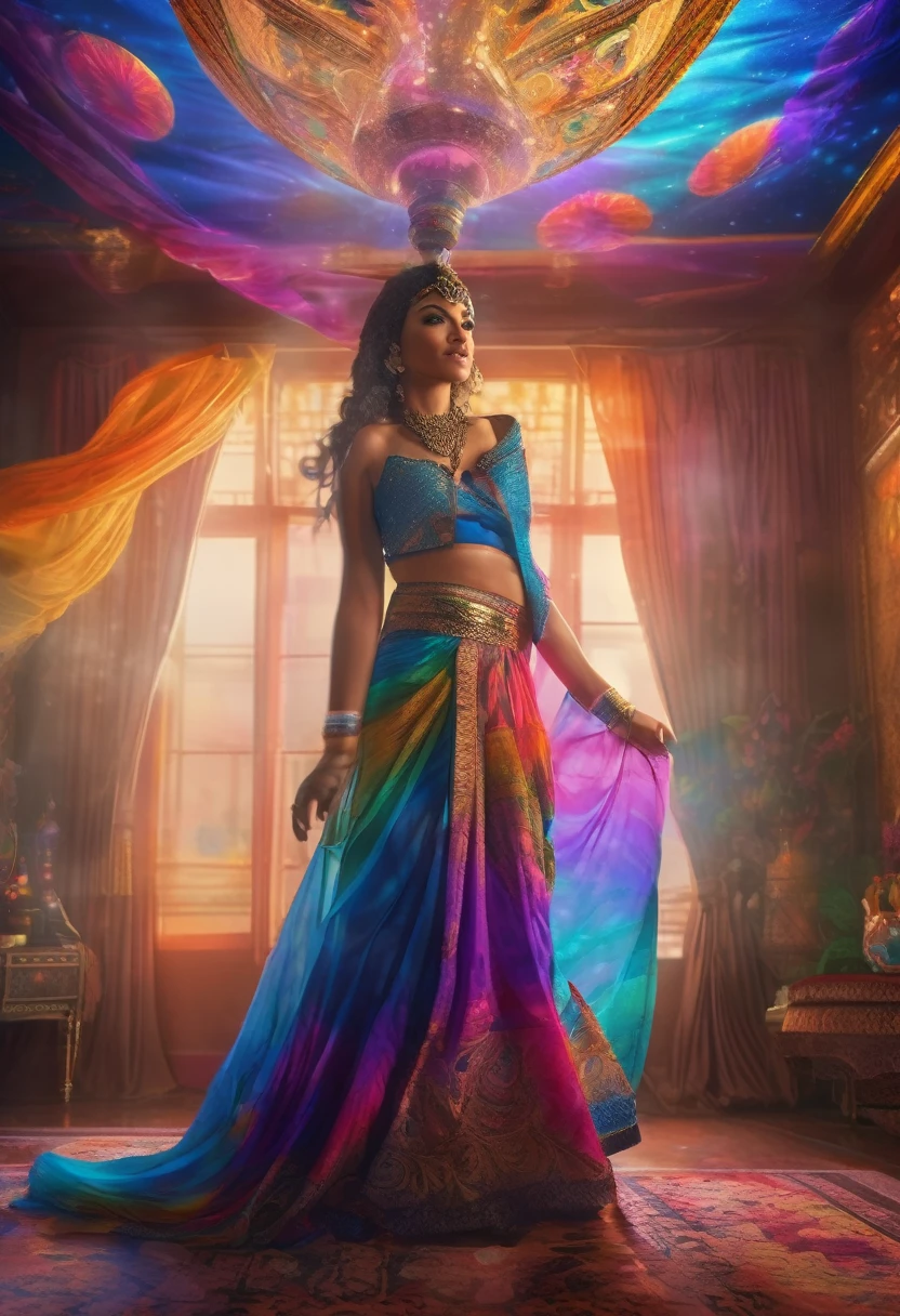 a lovely 25 year old genie woman in colorful billowing sheer fabrics, casually performing powerful magics to show illusions of what could be to her master, opulent bedroom, 4k, 8k, high resolution, masterpiece, ultra-detailed, realistic, photorealistic, photo-realistic, HDR, UHD, studio lighting, ultra-fine painting, sharp focus, physically-based rendering, extreme detail description, professional, vivid colors, bokeh, fantasy, magical realism