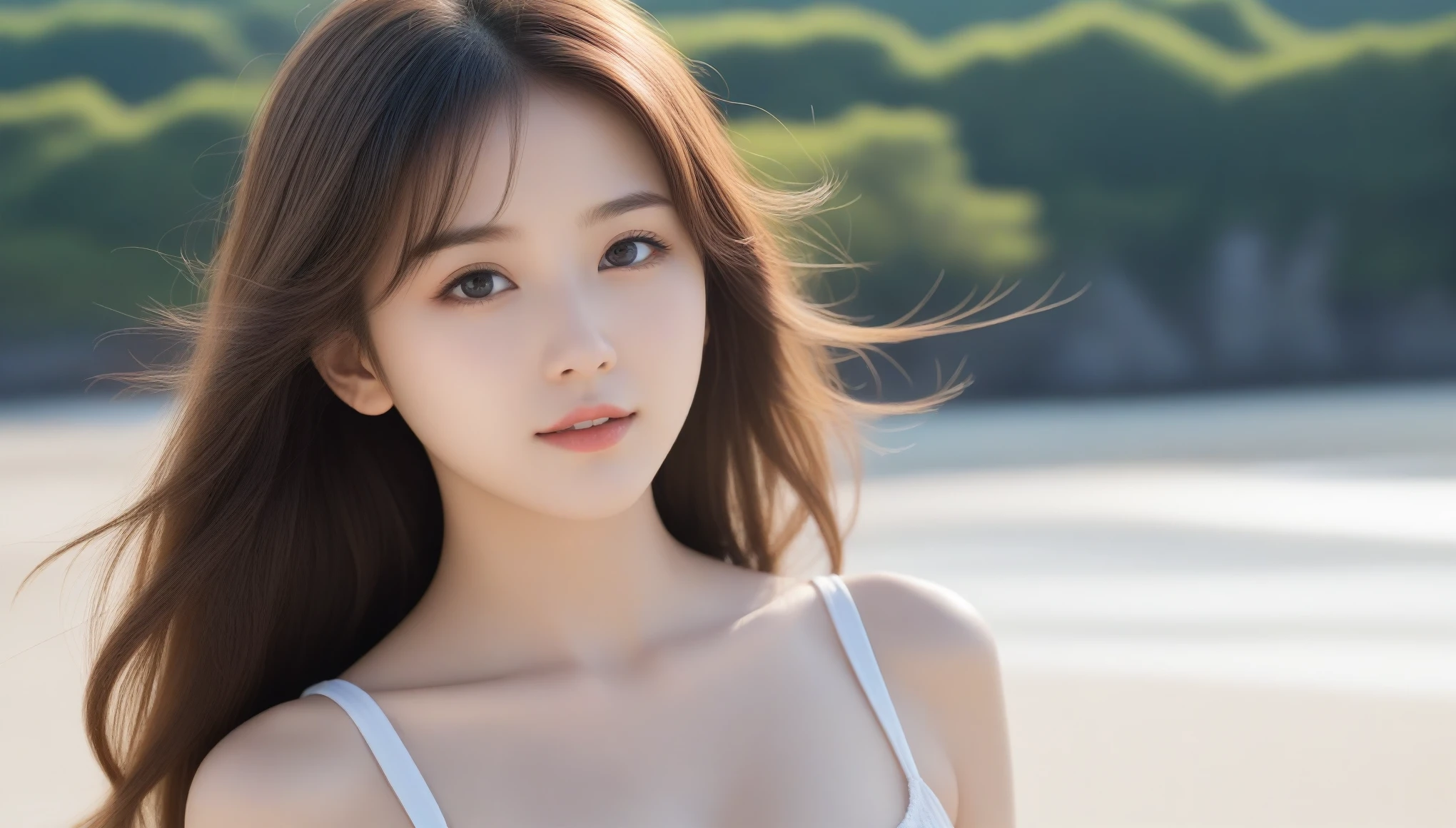 8k, Ultra-high resolution, highest quality, masterpiece, Surreal, photograph, 1 girl, (:1.3), pretty girl, Cute Face, 細部までbeautiful目, 細かくdetailedに,masterpiece,, One Girl:1.2, Japan Female Announcer, 一人のbeautiful女性,Beachfront,Morning view,sunrise,sunny,One Girl,とてもbeautiful顔,small,Hair weight,Fluffy hair,Random representation,Big eyes、Light brown hair、beautiful, beautiful肌、beautiful white skin, Soft Bust、16 years oldooking at the audience、beauty,Long neck、Laugh a little、Please close your mouth and laugh、(((Ideal body type))),A cup small breasts :2,、Portraiture:2、Perfect Anatomy、鮮明なdetailed、detailed、Surreal、Light and shadow,Strong light,Fashion magazine cover,Thin lips