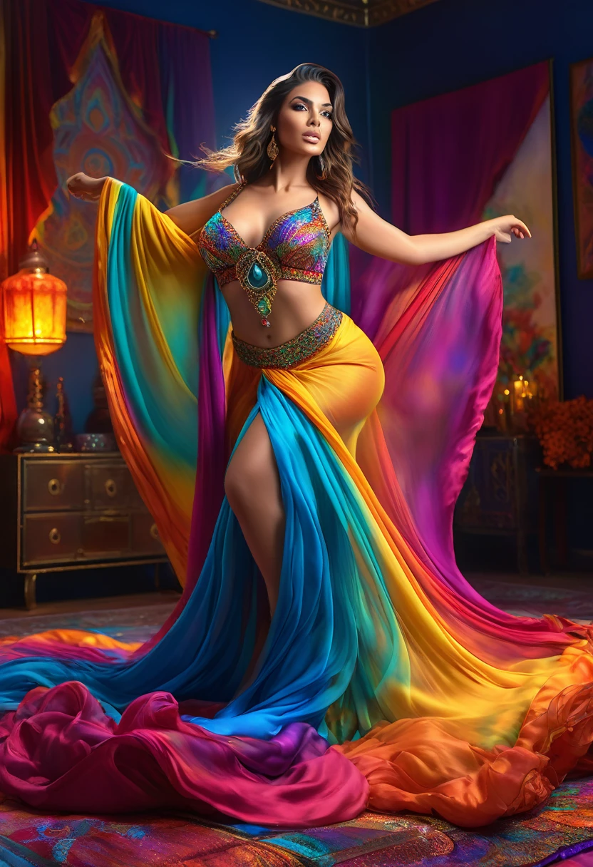 a lovely 25 year old genie woman in colorful billowing sheer fabrics, casually performing powerful magics to show illusions of what could be to her master, opulent bedroom, 4k, 8k, high resolution, masterpiece, ultra-detailed, realistic, photorealistic, photo-realistic, HDR, UHD, studio lighting, ultra-fine painting, sharp focus, physically-based rendering, extreme detail description, professional, vivid colors, bokeh, fantasy, magical realism