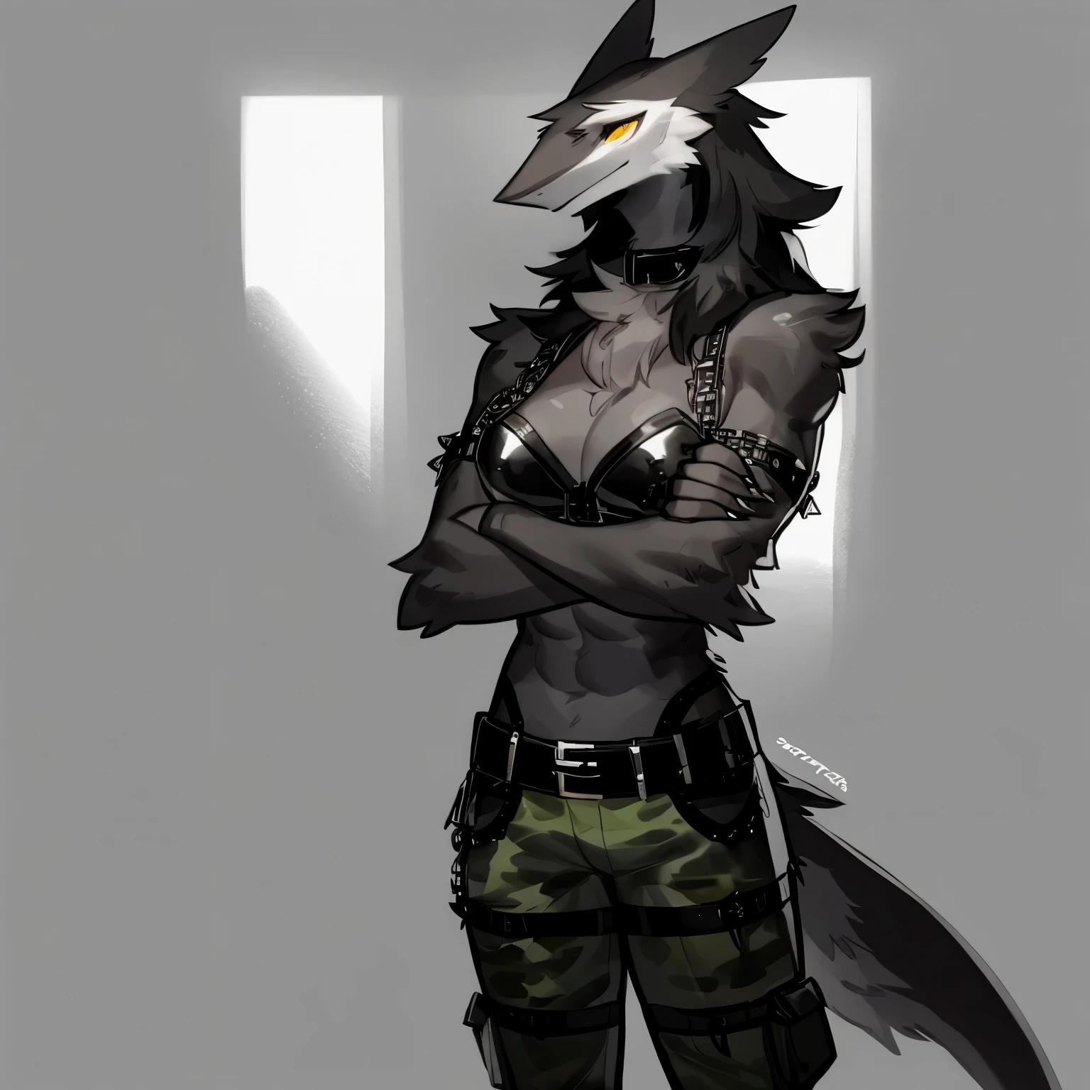 By bebebebebe, by spuydjeks, by buta99, by spikedmauler. an all black gothic female sergal, muscular, in a leather bustier, wearing green camo combat pants, shine, belt, chains, short flared out wild spikey hair, has abs, has tattoos all over, gothic aesthetic, black eyeliner, arms crossed, golden eyes, looking to the camera, solo, alone, (SOLO)(ALONE)