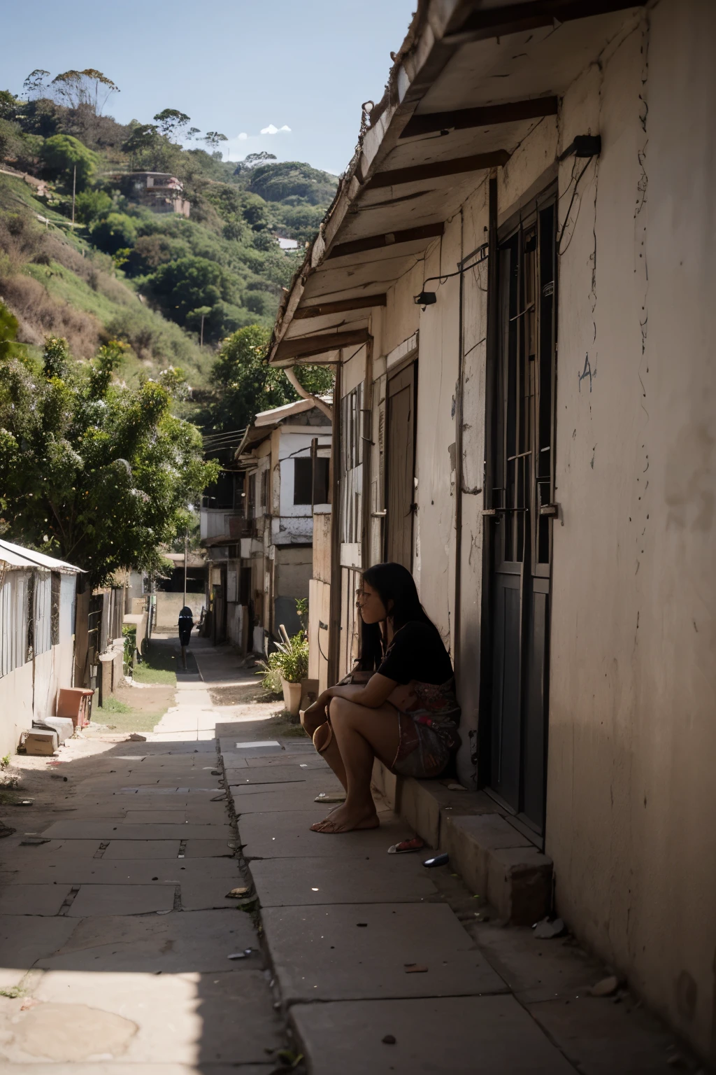 Paisaje de la favela de Brasil y alguien con una capucha 