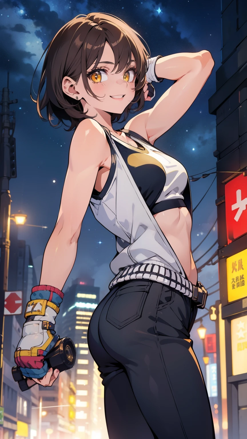 street dancer, short hair, brown hair, yellow glowing eyes, perfect lips,big smile , confident smile,cute expression, cute face, cute pose, fingerless gloves, gun, tank top, jacket, cute pose, ultra detailed face, long eyelashes, sharp eyes , Fullbody shot, dinamic viewer, night sky
