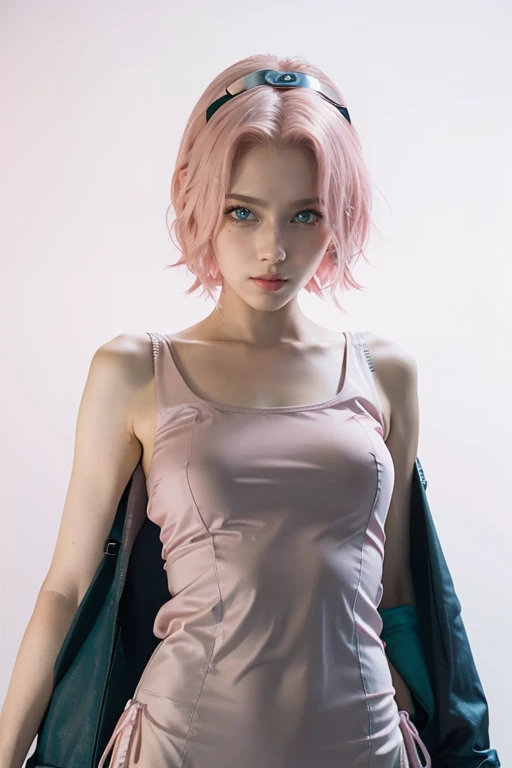 young woman, short shoulder-length pink hair, wide forehead, porcelain skin, pink eyebrows, big emerald green eyes, buttoned nose, full lips, heart-shaped face, slender body, small breasts, red tank top, Sakura Haruno , realistic, realism, details, 3d, well detailed
