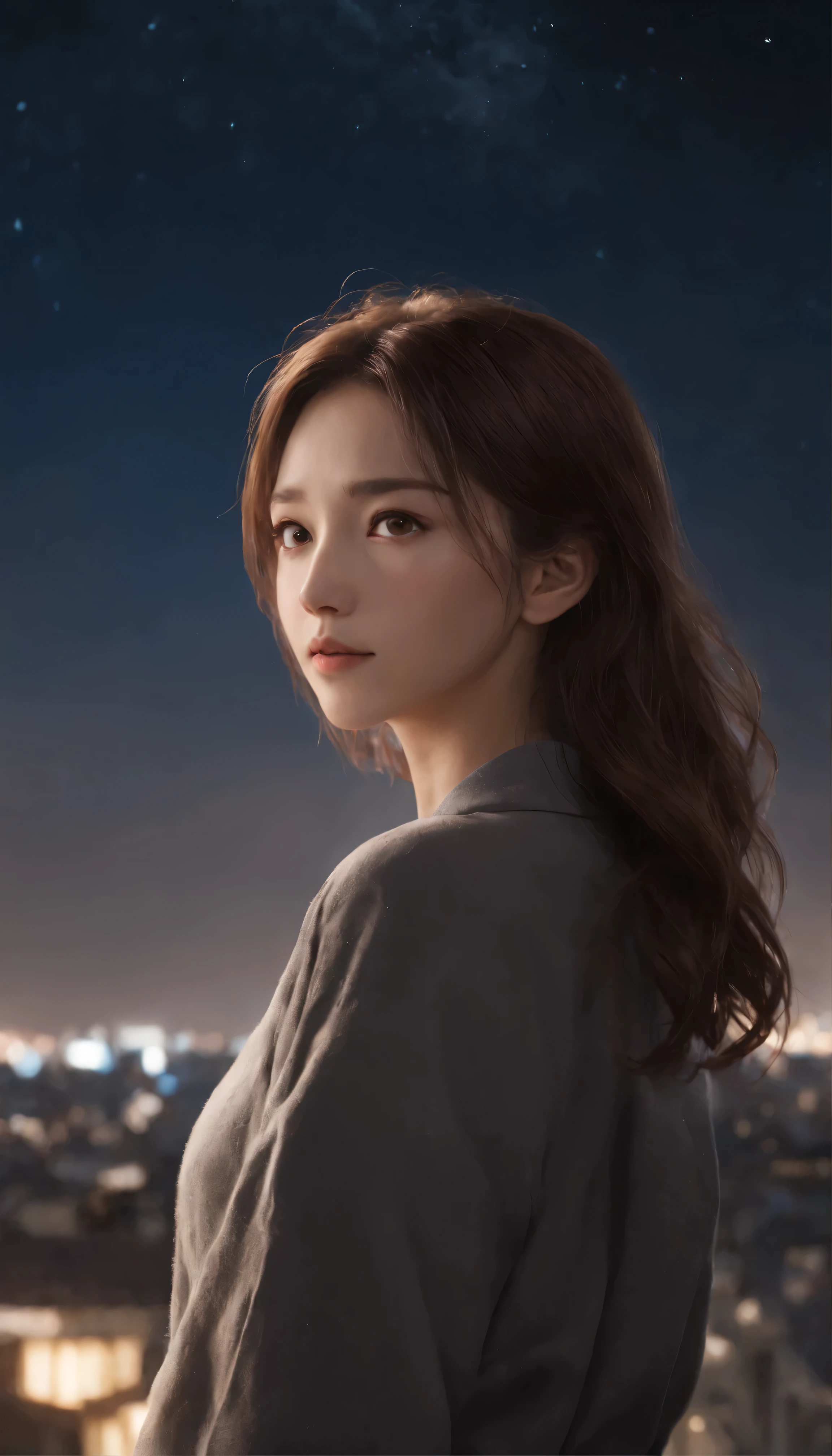 (masterpiece), high quality, 1 Girl, Anime Style, Are standing, rooftop, gaze, Night Sky, star, anime wallpaper 4k, 4k anime wallpaper, Anime Art Wallpapers 8K, anime art wallpaper 4k, anime art wallpaper 4k (Xin Haicheng, Cyril Rolland's idea), Manga Wallpaper 4K, Awesome Wallpapers, Star. Detailed Description: (Female protagonist of an animated series)teeth、With expressive long eyes shining under the starry sky、Standing confidently on the rooftop。It is her