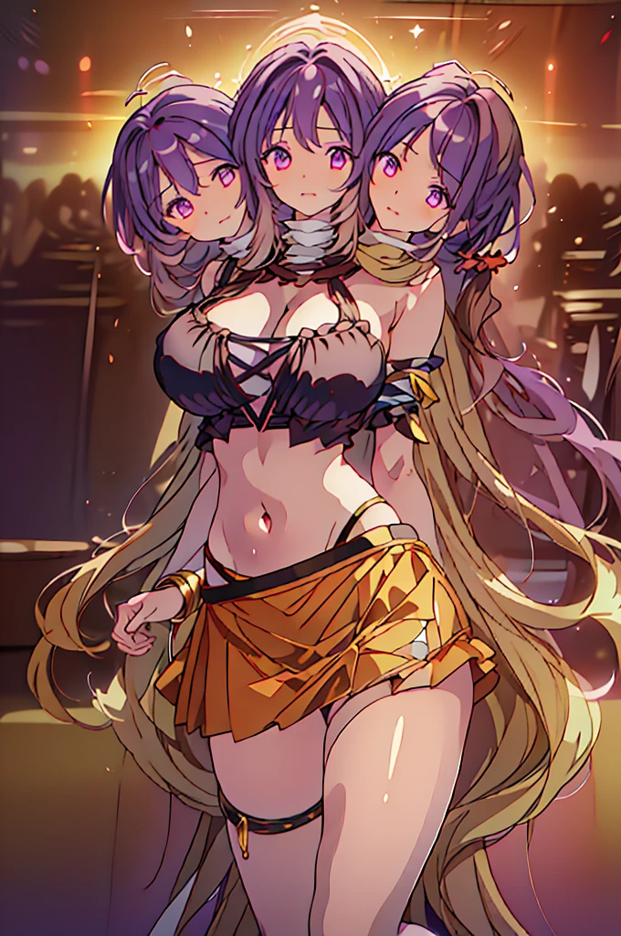 (masterpiece, best quality), best quality, (ultra-detailed), (3heads:1.5), 1girl, (byakuren hijiri:1.3), masterpiece, best quality, ultra quality, ultra resolution, ultra detail, black and white top, crop top, ((stomach)), midriff, ((groin)), black and white skirt, normal ears, shackles, light brown hair that fades to purple at the top, very long hair, wavy hair, sidelocks, hazel eyes, detailed eyes, parted lips, open belly, sweat, cute, toned belly, hand on own chest, eyelashes, (25 year old woman:1.3), (masterpiece:1.5), (best quality:1.5), (beautiful detailed), extremely detailed CG, extremely delicate and beautiful, depth of field, (finely detailed face), (perfect details:1.2), (mature female:1.3), wide pelvis, slender, large veiny breast, 16k resolution, highres, very high quality, very high definition, extremely detailed, masterpiece, light brown hair that fades to purple at the top hair, long hair, alluring presence, braid, short skirt, close up, big tits, young, nsfw,