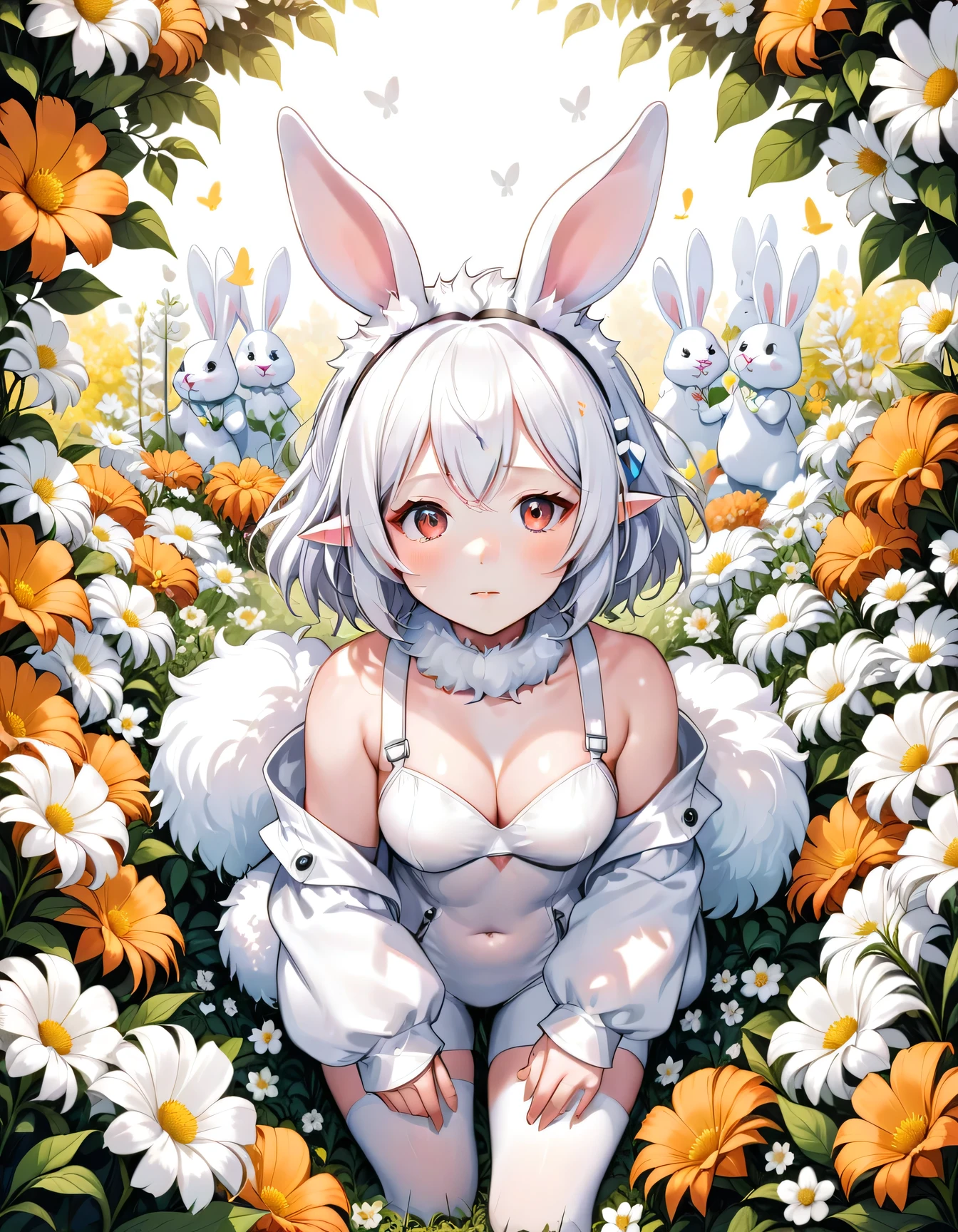 Illustration of a girl wearing rabbit ears, fluffy white costume, rabbit cosplayer, surrounded by flowers,
