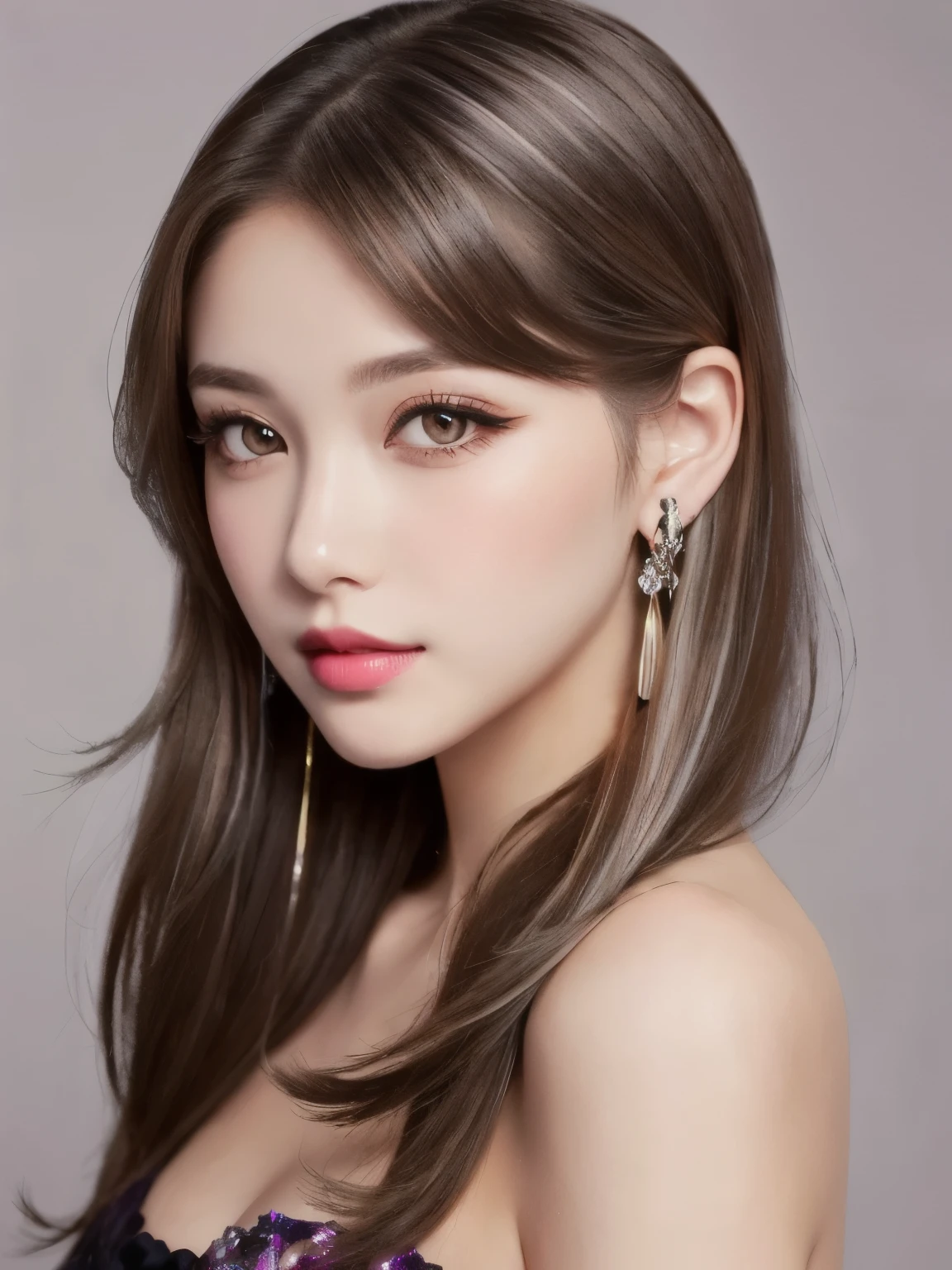 beautiful girl, Brown_eye, ((Beautiful and slim 18 year old girl, hair color [Brown highlights hair], [Undercut Pixie] hair)), Earrings, lips, Realistic, Tight waist, Charm, pink lipstick, Colorful Makeup, Long eyelashes, Earrings, Applying eyeliner, Fair skin, (cute), (Detailed face), detailed eye, Detailed Iris