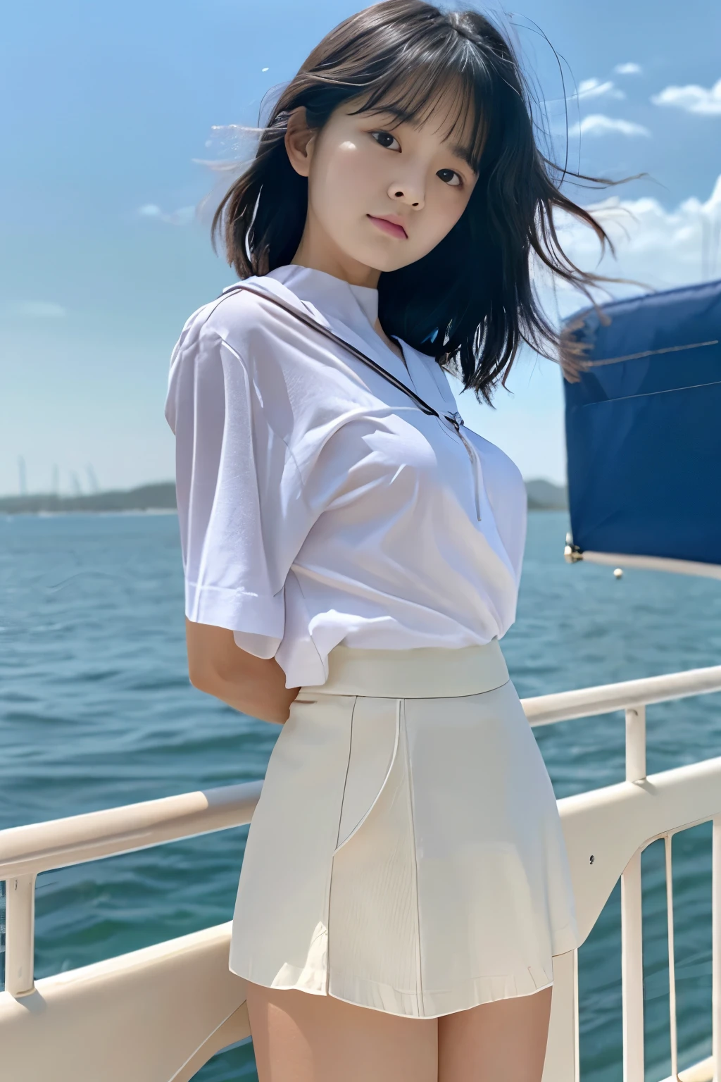 8k, Raw photo, highest quality, masterpiece:1.2), masterpiece, highest quality, figure, Very detailed, Fine details, High resolution, 8k,wallpaper, Perfect dynamic composition,(Detailed high quality, Realistic depiction of eyes:1.3)、A woman who has been  and has her hands tied、Arms wrapped around his back、Standing on a yacht on the sea、Pleated skirt flipped up by strong wind、whole body、White panties are visible、The whole thing faces forward、２１talent、Beauty、Well-formed face、Make your eyes even、Beautiful black hair、Has bangedium build、Well-balanced proportions、Beautiful legs、Short sleeve blouse、Fresh face、Beautiful scenery、