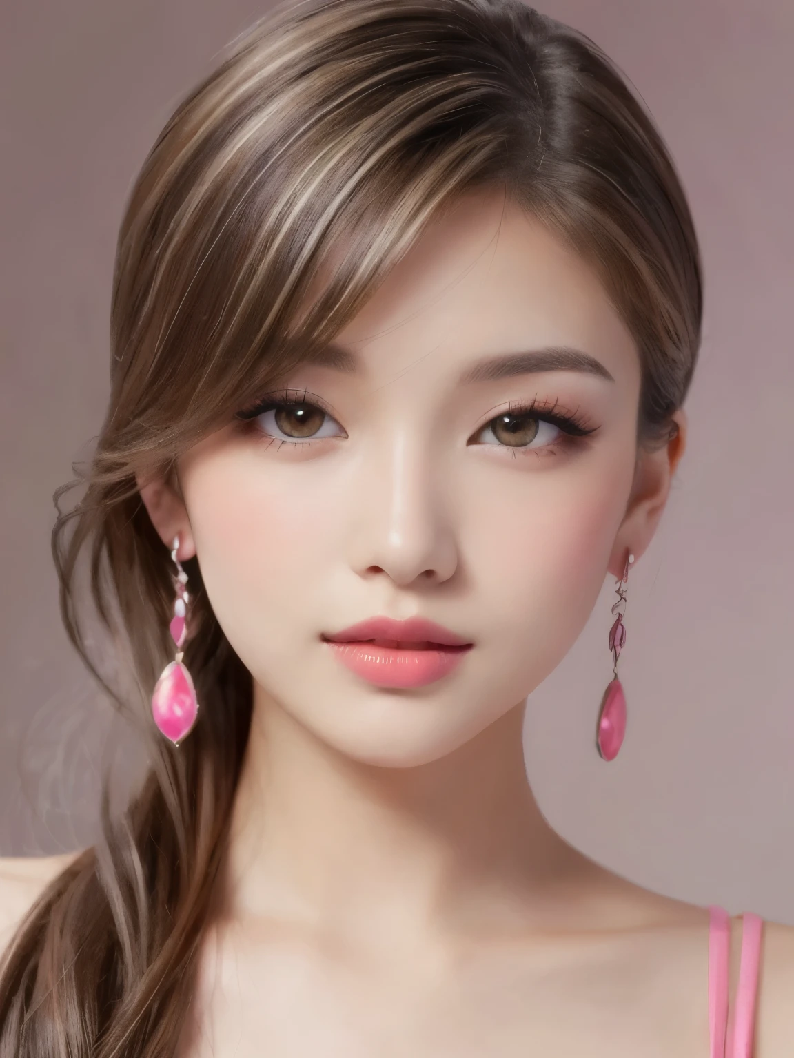 beautiful girl, Brown_eye, ((Beautiful and slim 18 year old girl, hair color [Brown highlights hair], [Undercut Pixie] hair)), Earrings, lips, Realistic, Tight waist, Charm, pink lipstick, Colorful Makeup, Long eyelashes, Earrings, Applying eyeliner, Fair skin, (cute), (Detailed face), detailed eye, Detailed Iris