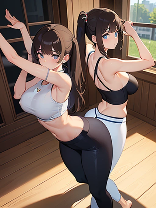 8k、masterpiece, highest quality, Ultra-high resolution, Highest Resolution, Professional Lighting, Orange lighting、Backlight、Antique wooden interior、Foliage plant、Large indoor、Full body angle shot、Dim lightingSitting cross-legged、Yoga poses、Small face、White skin、Light blue long hair、Beautiful Eyes、Beautiful eyelashes、Beautiful Eyes、highlight:1.2)、Beautiful legs、 (Detailed face and iace:1 2)、(Twin tails ) 、(Oval Face : 1.4)、(Realistic skin texture, Realistic))、((Detailed face,Round face contour、Brown Hair、Yoga Wear 、tops、 Yoga pants 、Yoga leggings、  Gym 、Pilates Wear 、Yoga Wear 、Fashionable、 Short sleeve、 Hot Yoga 、leggings、Striking a rhythmic gymnastics pose on a yoga mat、Violent Movement、Hunchbacked, low posture、Take a low posture、Sports Yoga、Yoga poses、Dynamic action poses, massive firm round breasts, massive butt, large thighs, wide hips, thin waist , mature, bending back , facing to the side of viewer , breasts and nipples fully exposed, massive breasts 
