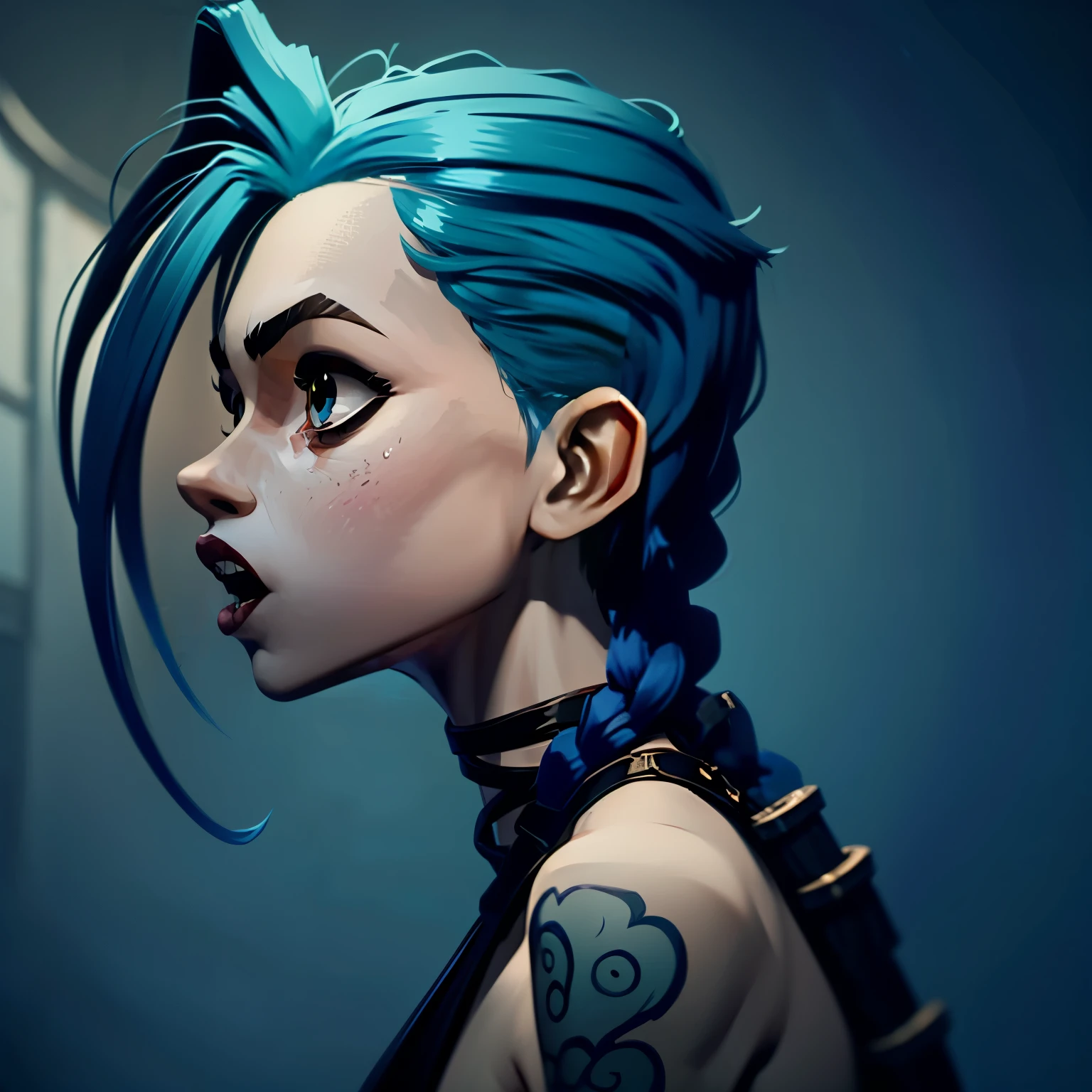 close up, side view, jinx, mouth wide open, open mouth, portrait picture, vibrant colors, highly detailed, high animatation design, high contrast colors, on her knees, naked, side view, high details, perfect facial details, game design, arcane, jinx, side view, side view, view side, profile picture