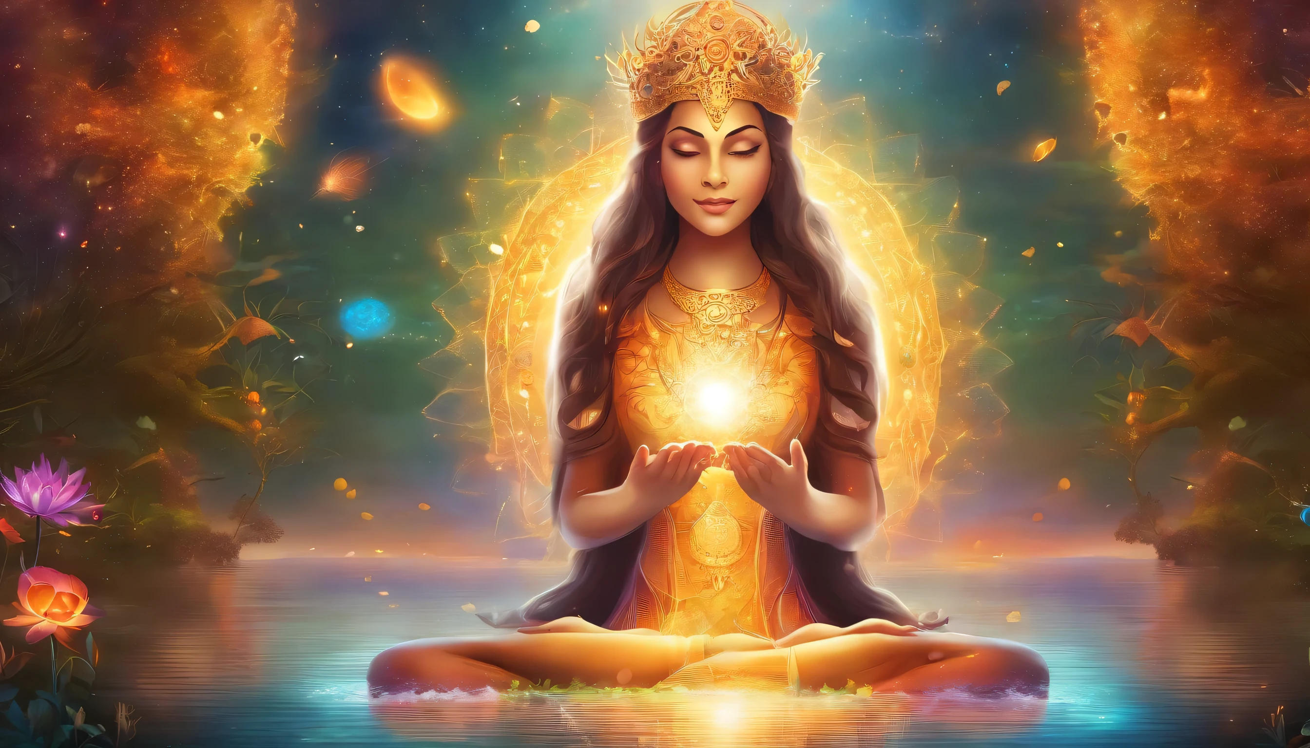 Yoga posiciona o espectro de luz com os sete chakras ao redor, vibrant colorssa colorslashh An explosion of colors, Beautiful woman in white sitting on water lilies, coisas complexas ao redor, intrincado no fundo, Tesouro, ouro, moedas, espiritual, divino, Sonho, cosmic, Incredible, DEUS, pineal gland, Sonhe como, (extremamente detalhado CG unidade 16K papel de parede:1.1), (Noise removal force: 1.45), (obra-prima:1.37), hiper-realista, raios de deus, Rastreamento de raio, UHD, Premiado