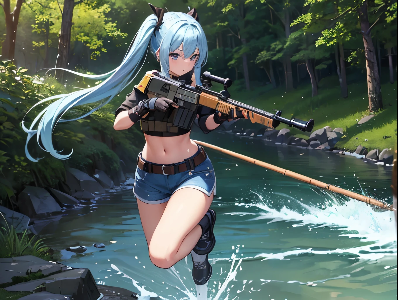 (masterpiece:1.3),(Very detailed:1.3),(High resolution:1.1),8k,highest quality,Super detailed,M249_Ticker,survival game、Light blue long hair、Twin tails、One girl,Crop top,No sleeve,Trenta Hood,Shorts,Fingerless gloves,Ammunition belt,Along the forest stream、Running in the river、Splash Art、Found the enemy、