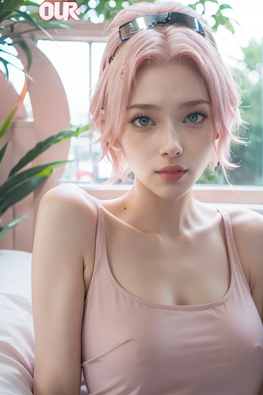 young woman, short shoulder-length pink hair, wide forehead, porcelain skin, pink eyebrows, big emerald green eyes, buttoned nose, full lips, heart-shaped face, slender body, small breasts, red tank top, Sakura Haruno , realistic, realism, details, 3d, well detailed