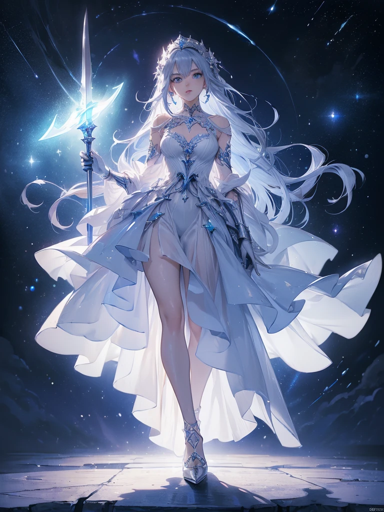Design a layout showcase Gaming character, (1girl). Blue+Silver clothes, celestial and graceful, ((showcase weapon:1.4)), crescent blade, (masterpiece:1.2), (best quality), 4k, ultra-detailed, (Step by step design, layout art:1.5), (starry lighting, cosmic atmosphere), moon priestess, ((moonlit gloves)), (((revealing gown:1.3))), starlit vambraces, celestial boots, (((full_body_shot:1.4)))
