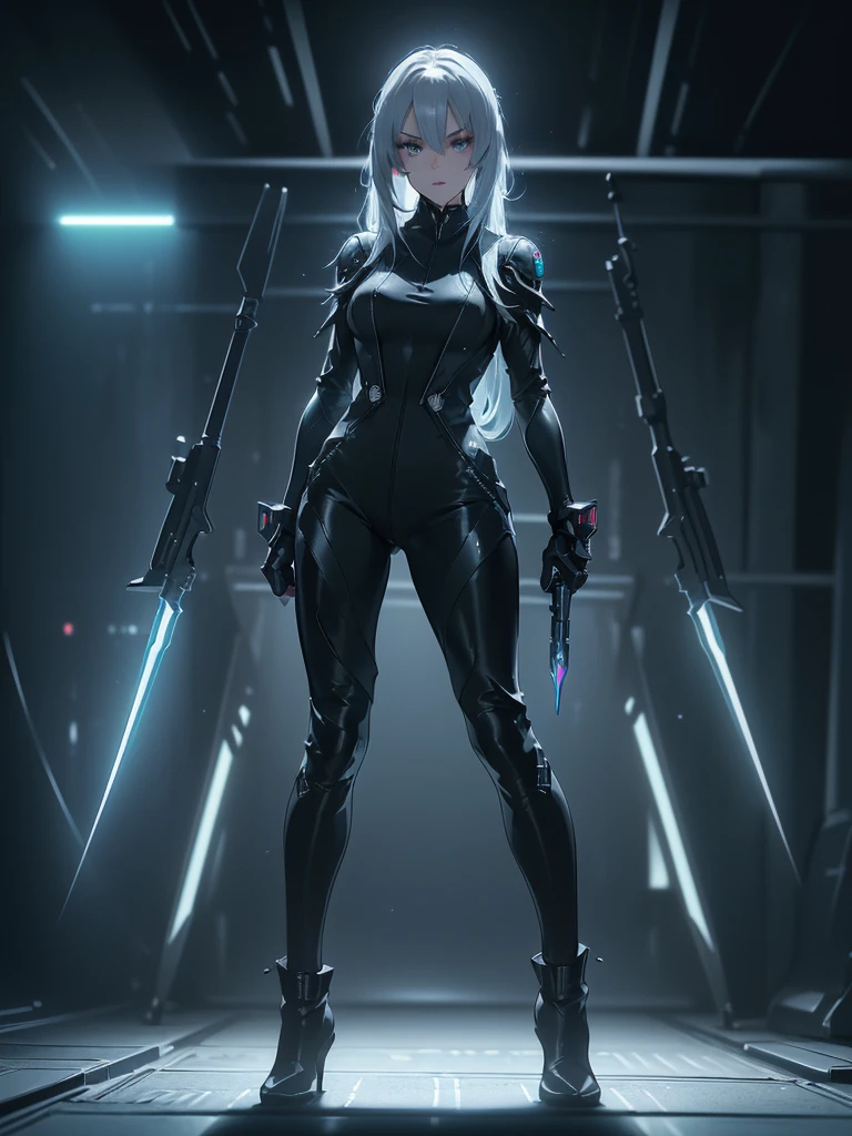 Design a layout showcase Gaming character, (1girl). Black+Silver clothes, sleek and modern, ((showcase weapon:1.4)), laser gun, (masterpiece:1.2), (best quality), 4k, ultra-detailed, (Step by step design, layout art:1.5), (neon lighting, cyber ambiance), cyberpunk, ((tech gloves)), (((revealing jumpsuit:1.3))), tech armor, combat boots, (((full_body_shot:1.4)))