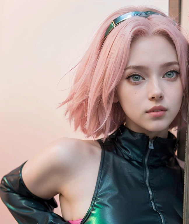 young woman, short shoulder-length pink hair, wide forehead, porcelain skin, pink eyebrows, big emerald green eyes, buttoned nose, full lips, heart-shaped face, slender body, small breasts, red tank top, Sakura Haruno , realistic, realism, details, 3d, well detailed
