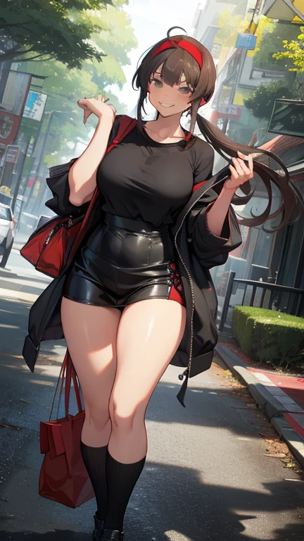 Ryoubi,Big Breasts,Black clothing,Skimpy clothing,Smiling expression,forest,Holding a bag in your hand,