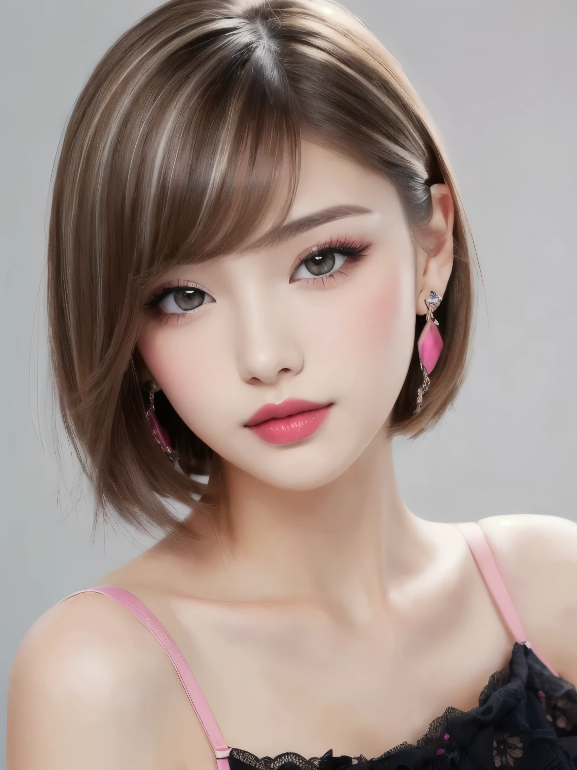 beautiful girl, Brown_eye, ((Beautiful and slim 18 year old girl, hair color [Brown highlights hair], [Undercut Pixie] hair)), Earrings, lips, Realistic, Tight waist, Charm, pink lipstick, Colorful Makeup, Long eyelashes, Earrings, Applying eyeliner, Fair skin, (cute), (Detailed face), detailed eye, Detailed Iris