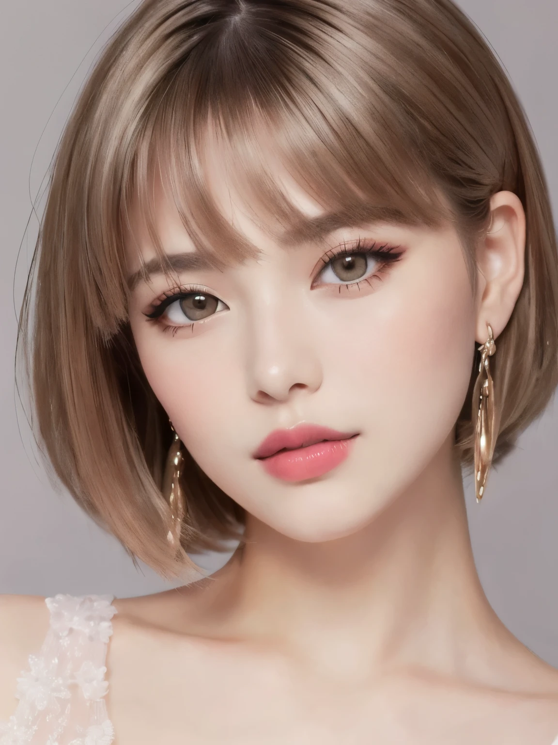 beautiful girl, Brown_eye, ((Beautiful and slim 18 year old girl, hair color [Brown highlights hair], [Undercut Pixie] hair)), Earrings, lips, Realistic, Tight waist, Charm, pink lipstick, Colorful Makeup, Long eyelashes, Earrings, Applying eyeliner, Fair skin, (cute), (Detailed face), detailed eye, Detailed Iris