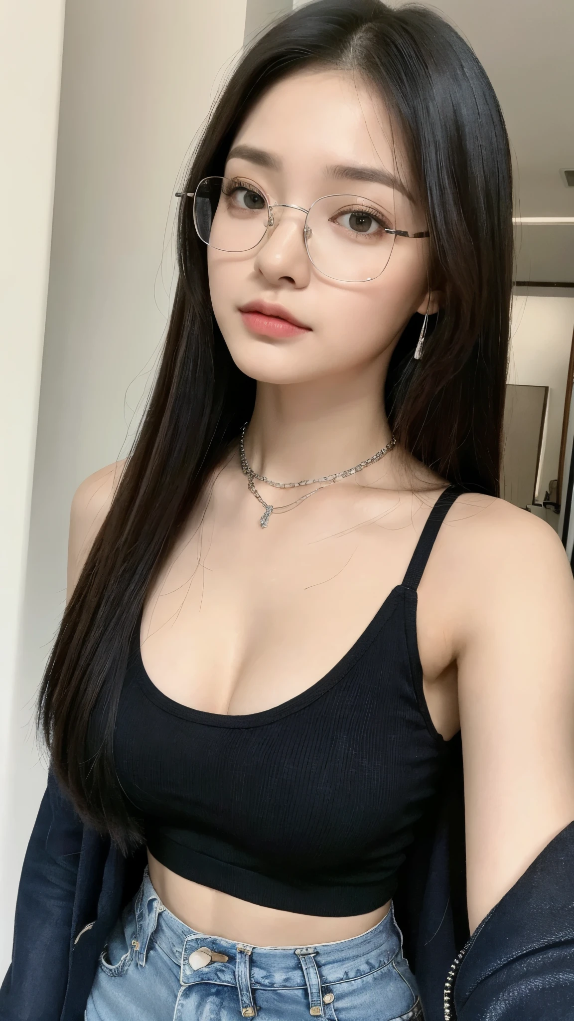 (realista, high resolution:1.3), 1 garota com um corpo perfeito, Rosto e olhos super finos,cabelo comprido,Cabelo preto escuro ,Cabelo cacheado ,Random color tank top:1.2, jeans curtos,Blazer preto,silver chain on neck,glasses