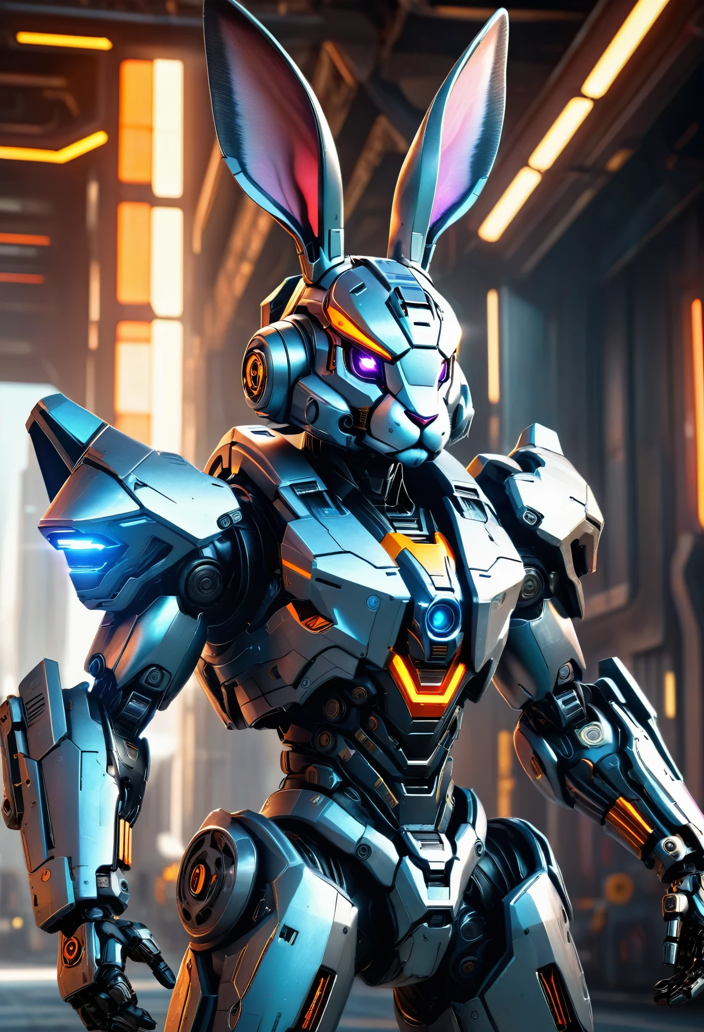 A mech with rabbit ears in a futuristic combat stance, rich in details, steel texture, cool and sci-fi vibe, enhanced by studio lighting effects like HDR and ultra-fine painting, set against a sci-fi background, highres, vivid colors, with a focus on realistic rendering and extreme detail description.