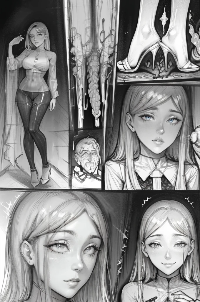 The beautiful girl in lace top and leggings is sitting astride a pile of skeletons in the center of the picture. She is holding a trembling sausage with juice squeezed out in her hand and smiling. There are multiple comic storyboards in the background,cbt, sausage bondage,sausage insertion,Sexy, trampling sausage with high heels heel,(masterpiece, best quality:1.2),1 beautiful girl,sexy,comic storyboard:2, leggings, sit astride, axially symmetrical:2, ,femdom,sounding,cbt,hold,smile,colorful,leggings,thin gap,cameltoe,insertion,trembling,juice,spray, Long hair,Lace top,Sexy, Shiny leggings, High heel,cleveage, trampling, in forest, saliva , Mucus,