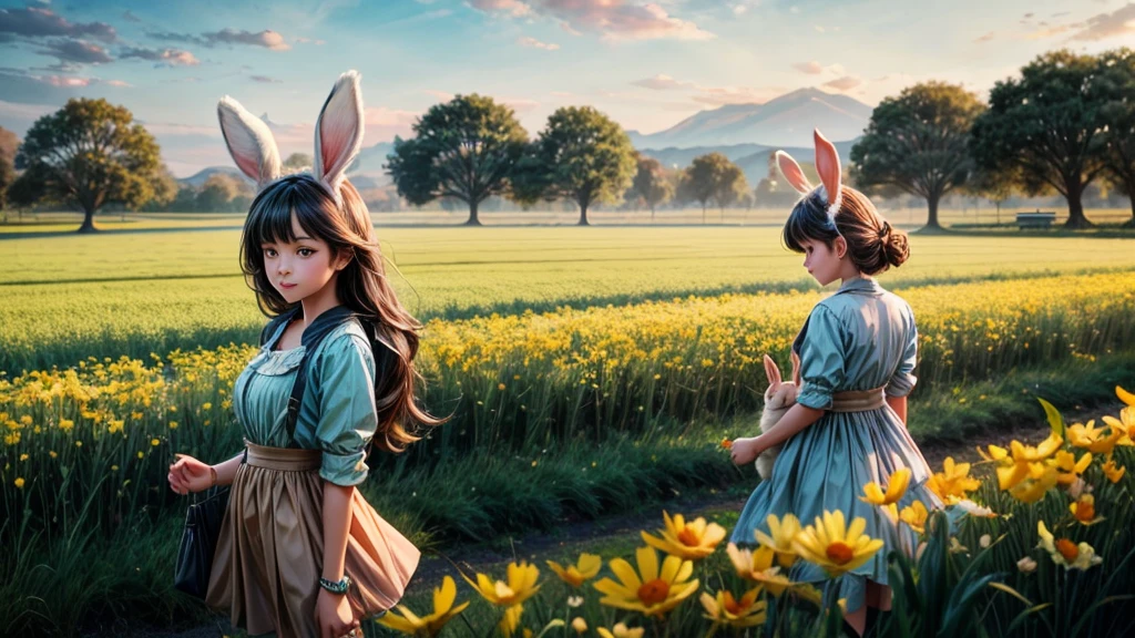 Girl with rabbit ears、Playing with rabbits、Beautiful fields