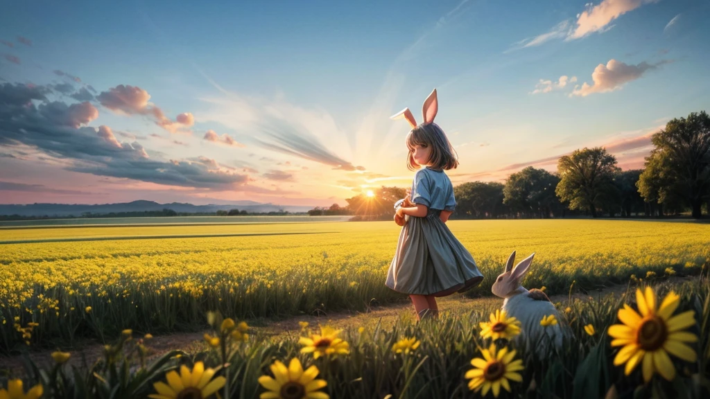 Girl with rabbit ears、Playing with rabbits、Beautiful fields