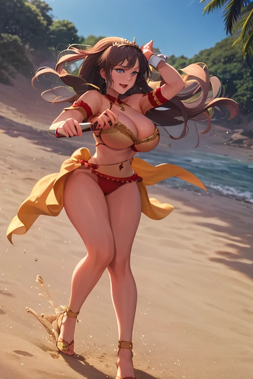 masterpiece, best quality, beautiful art, high resolution, well formed hands, body and fingers, 1 woman, solo, LyndaCarter , tiara , wearing a Mata Hari outfit, , arabian belly dancer, adult, big breasted, cleavage, hair ribbon, full body, sexy and skimpy outfit , gorgeous legs and thighs , she is fighting in a combat match, showing her fighting skills, making her guard, about to hit the viewer, looking at the viewer, sweating, bouncing breasts, smiling joyfully and brightly, being confident and proud, action and fighting scene, martial arts tournament with beach environment