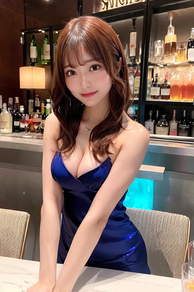 (Female bartender serving beautiful cocktails at dimly lit bar counter,),((( naked、Nipples、Pussy、Big Breasts)))、Japan Idol Girl、Laughter、(Reddish brown straight bob cut hair、hairpin)、Big Breasts、(((Pour ice into a shiny glass container,、colorful, Summery blue cocktail.,))),Beautiful fingers,Beautiful fingers先,Gazing at the audience、