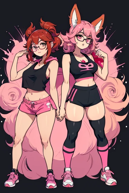 ((Flareon)), anthropomorphic, big breasts, big butt, pokemorph, (((1girl))), (((black cropped tank top))), (pink hoodie jacket), (pink toeless thigh high socks), (black and pink gym short shorts), (pink sneakers), full body, cute and sexy, fiery red skin, (round glasses), long legs