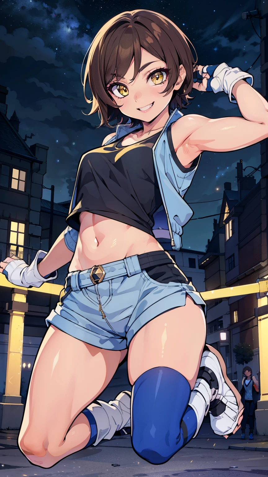 street dancer,  short hair, brown hair, yellow glowing eyes, perfect lips,big smile , confident smile,cute expression, cute face, cute pose, fingerless gloves, gun, tank top, jacket, cute pose, ultra detailed face, long eyelashes, sharp eyes , Fullbody shot, dinamic viewer, night sky 