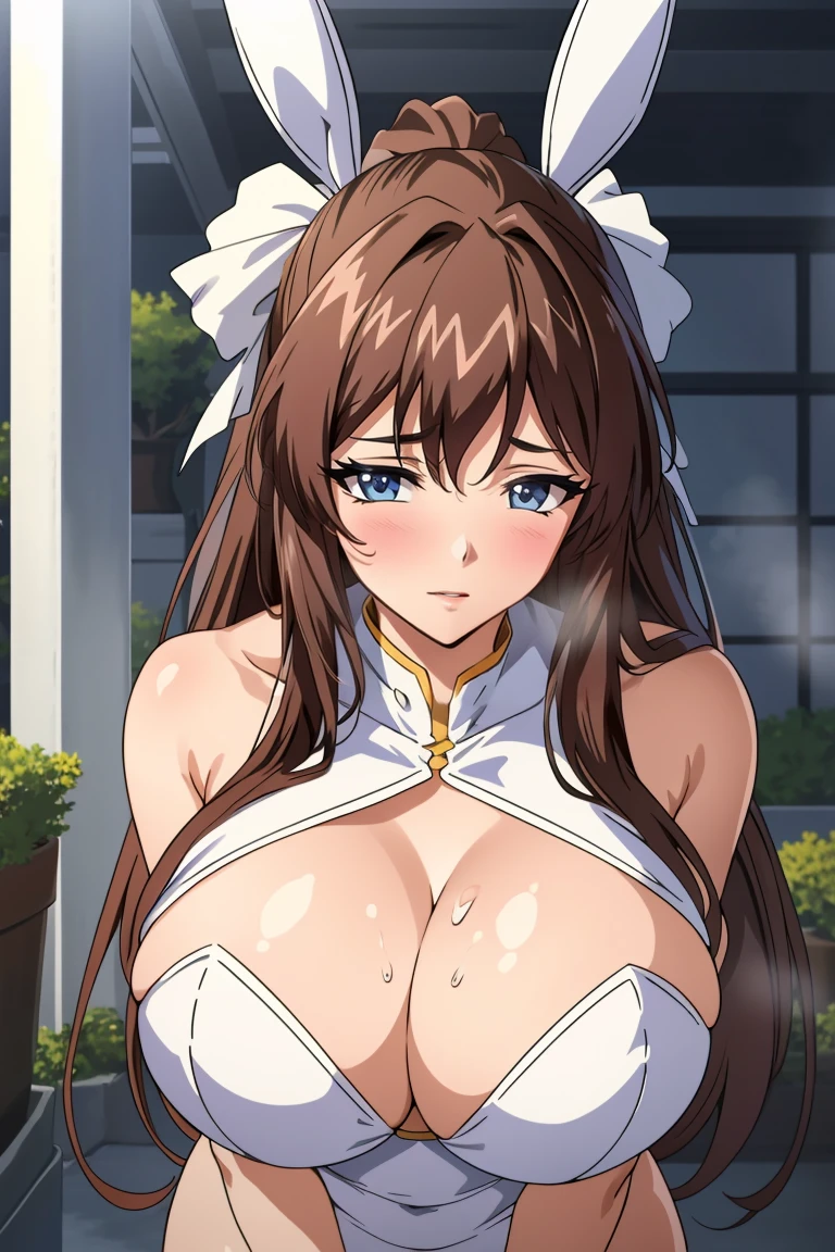 ((Browsing Caution:1.8, masterpiece, highest quality, High resolution, Hmm., Pixel Perfect, Written boundary depth, 4K, RTX, High resolution)), 1 girl, single, alone, Beautiful Anime Girls, Official Art, Beautiful art style, Anime characters, ((Long Hair, Parted bangs, Dark brown hair)), (Green Eyes:1.4, Round eyes, Beautiful eyelashes, Realistic eyes), (Detailed face, Blushing:1.2), (Smooth texture:0.75, Realistic texture:0.65, Realistic:1.1, Anime CG Style), Mid-chest, Perfect body, Big Breasts, Cleavage, (throw, close), ((White bunny suit, )), pole dance, Open your mouth,、Open your mouth、((Sweating all over the body))、