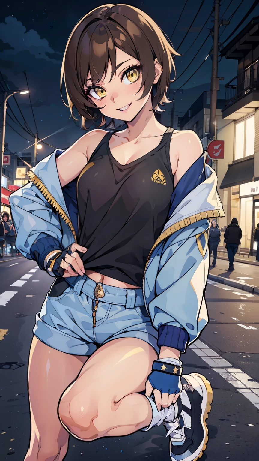 street dancer,  short hair, brown hair, yellow glowing eyes, perfect lips,big smile , confident smile,cute expression, cute face, cute pose, fingerless gloves, gun, tank top, jacket, cute pose, ultra detailed face, long eyelashes, sharp eyes , Fullbody shot, dinamic viewer, night sky 